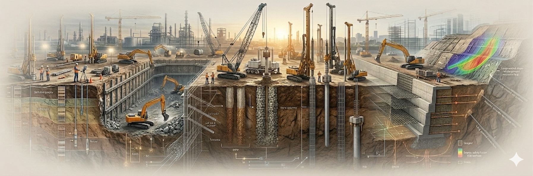 Panoramic geotechnical construction scene showing excavation, shoring, piling, ground improvement and retaining wall work